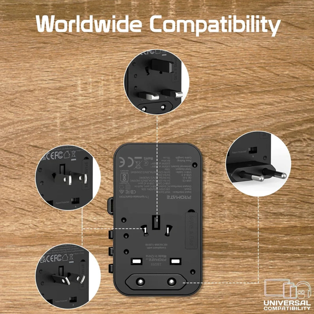 Promate 70W GaN Travel Adapter with Retractable Built-in USB-C Cable in Qatar Promate 70W GaN Travel Adapter with Retractable Built-in USB-C Cable in Qatar